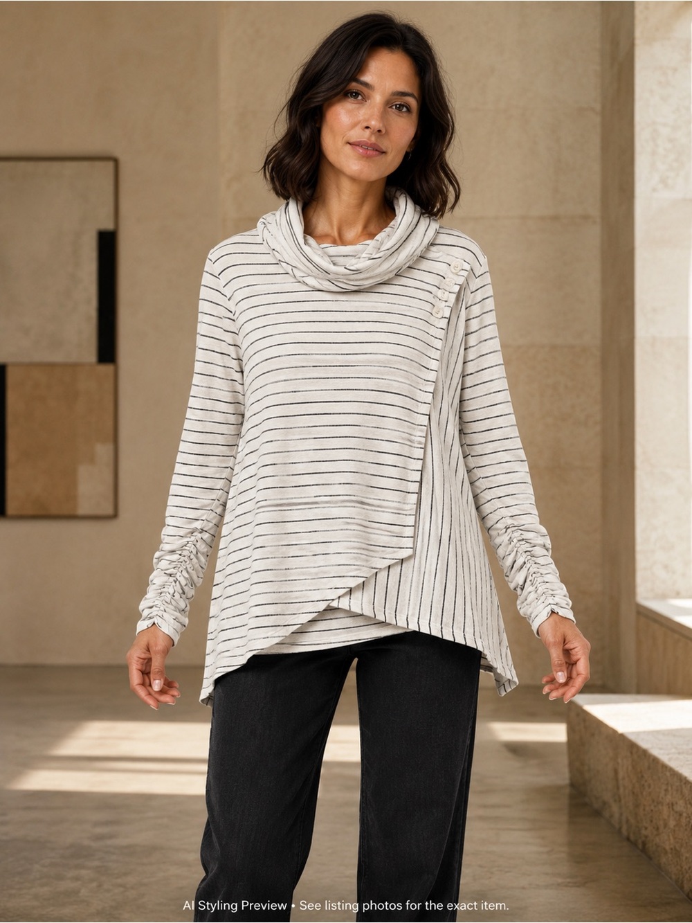 Habitat Clothes to Live In Small Striped Asymmetrical Cowl Neck Top